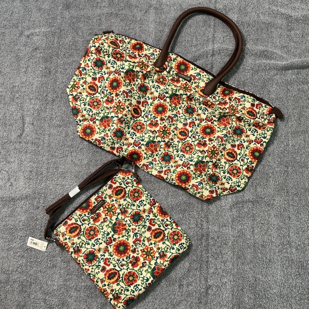 Longaberger 2 Piece Floral Travel Set Tote Bag and Crossbody Cream Red Green NWT